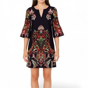 Ann Taylor Loft Navy Shift Dress Multi Color Paisley Floral Size 6 3/4 Sleeve